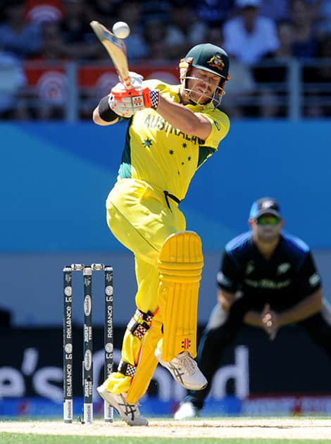 Australian batsman David Warner bats during their Cricket World Cup match against New Zealand in Auckland