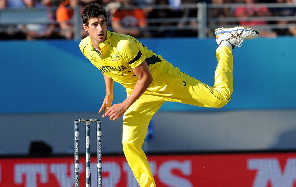 Australian bowler Mitchell Starc watches his delivery during their Cricket World Cup match against New Zealand in Auckland.