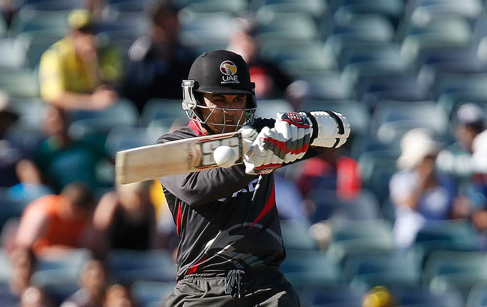 United Arab Emirates batsman Shaiman Anwar plays a shot during their Cricket World Cup Pool B match against India in Perth, Australia.