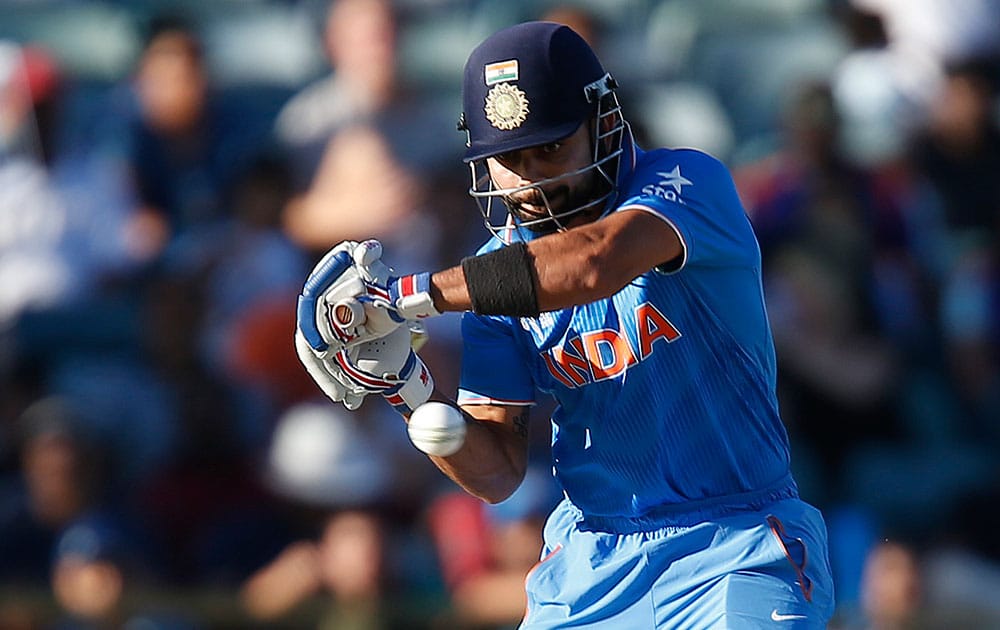 India's Virat Kohli plays a shot during their Cricket World Cup Pool B match against the United Arab Emirates in Perth, Australia.