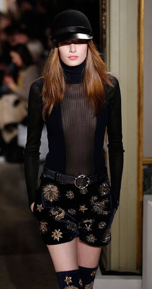 A model wears a creation for Emilio Pucci women's Fall-Winter 2015-16 collection, part of Milan Fashion Week.