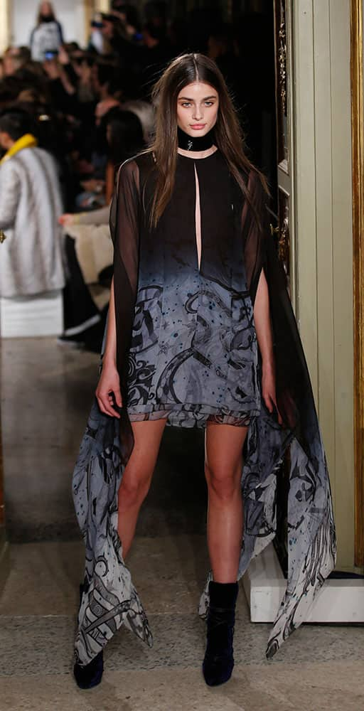 A model wears a creation for Emilio Pucci women's Fall-Winter 2015-16 collection, part of Milan Fashion Week.