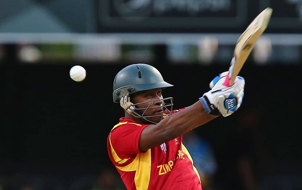 Zimbabwe's Chamunorwa Chibhabha bats during the Pool B Cricket World Cup match against Pakistan in Brisbane, Australia.