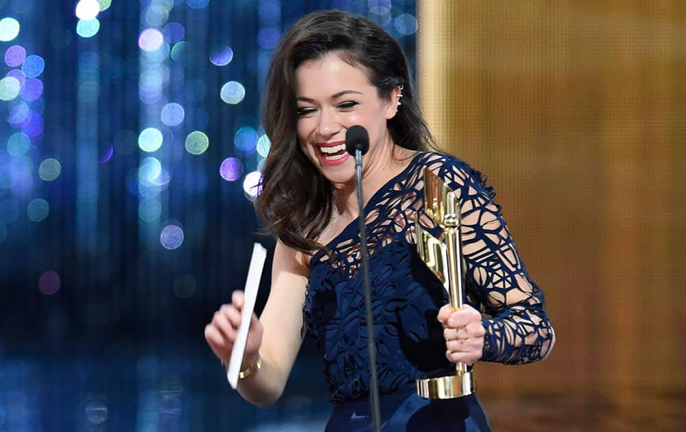 Tatiana Maslany holds her award for best actress in a drama at the Canadian Screen Awards.