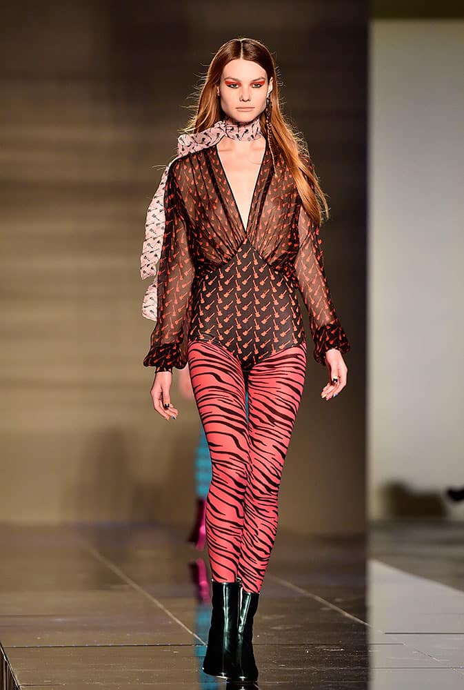 A model wears a creation for Au Jour Le Jour women's Fall-Winter 2015-16 collection, part of the Milan Fashion Week.