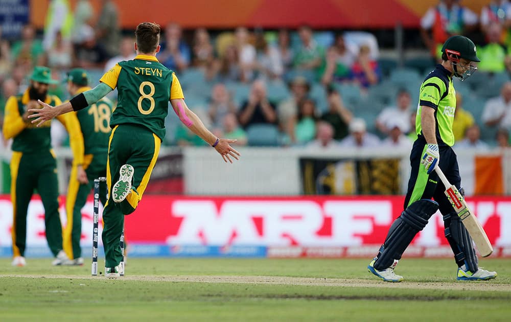 South Africa's Dale Steyn celebrates after taking the wicket of Ireland's Ed Joyce during their Cricket World Cup Pool B match in Canberra, Australia.