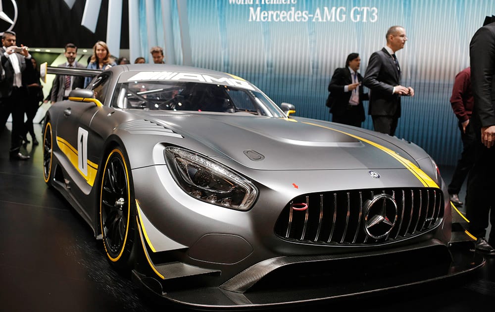 The new Mercedes-AMG GT3 is on display on the first press day of the Geneva International Motor Show in Geneva, Switzerland.