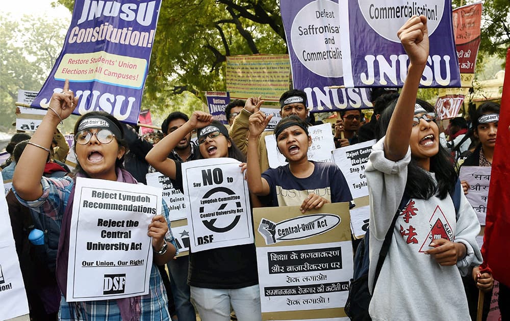 JNU students union and students from different colleges of Delhi during a protest against Lyngdoh committee recommendations on students union at Jantar Mantar in New Delhi.