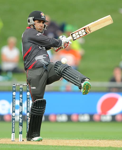 United Arab Emirates batsman Shaiman Anwar attempts a pull shot while batting against Pakistan during their Cricket World Cup Pool B match in Napier, New Zealand.