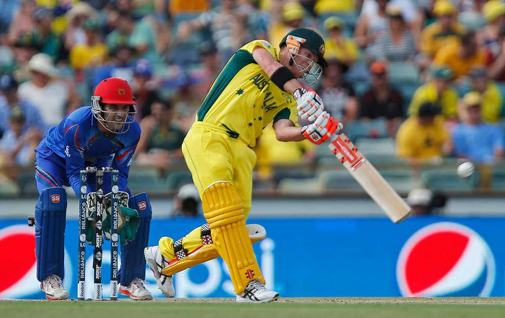 Australia's David Warner bats during their Cricket World Cup Pool A match against Afghanistan in Perth, Australia.