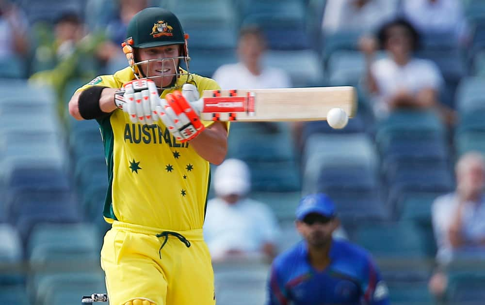 Australia's David Warner bats during their Cricket World Cup Pool A match against Afghanistan in Perth, Australia.