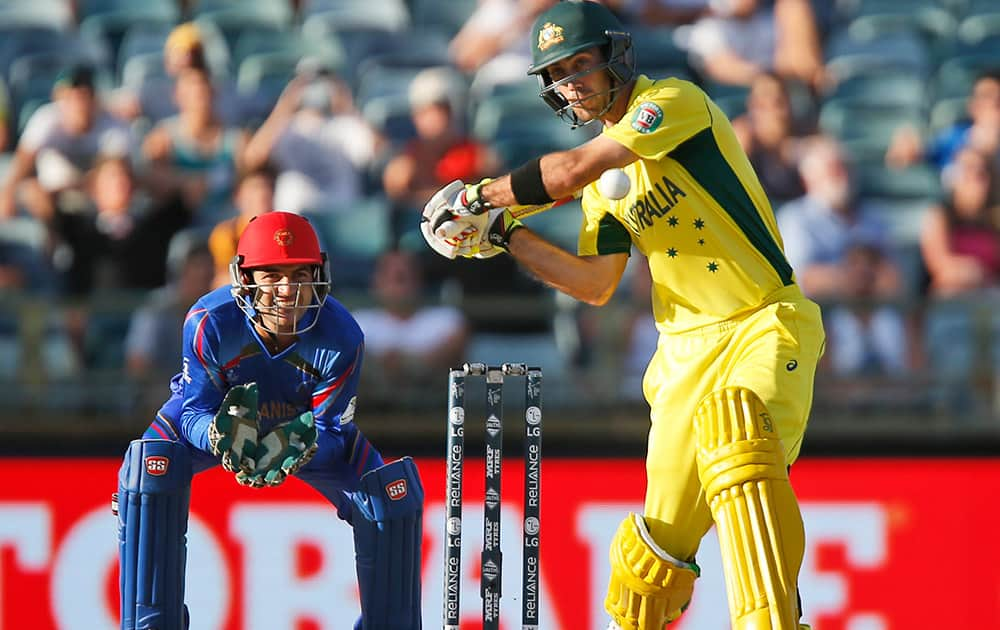 Australia's Glenn Maxwell bats during their Cricket World Cup Pool A match against Afghanistan in Perth, Australia.