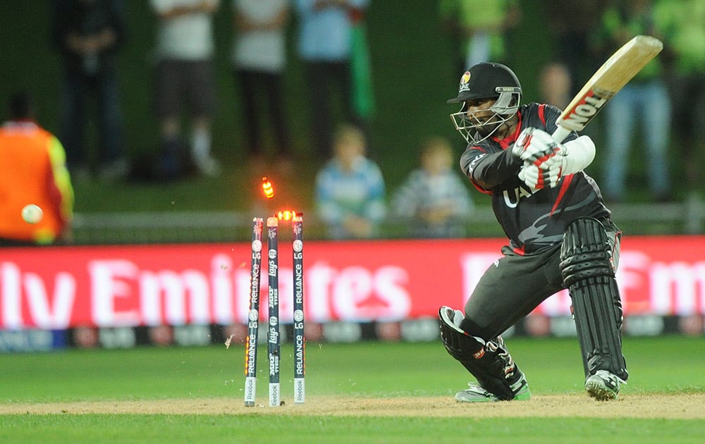 United Arab Emirates batsman Swapnil Patil is bowled during their Cricket World Cup Pool B match against Pakistan in Napier, New Zealand.