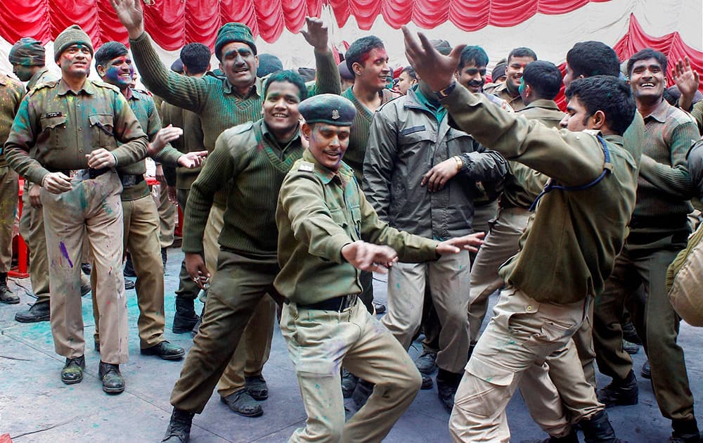 CRPF officials and personnel celebrating Holi in Srinagar.