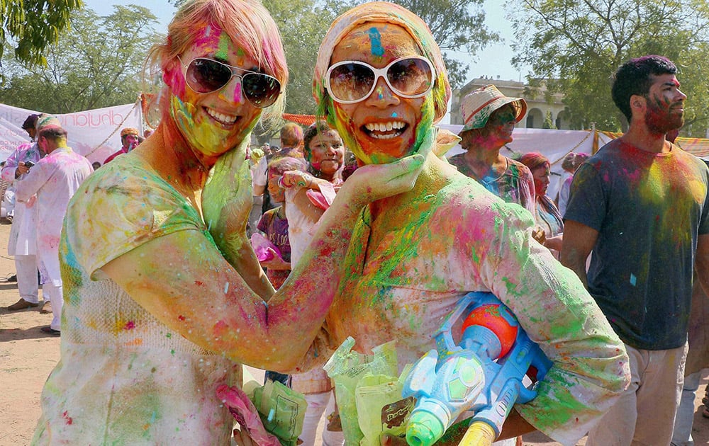 Foreigners celebrate Holi in Jaipur.