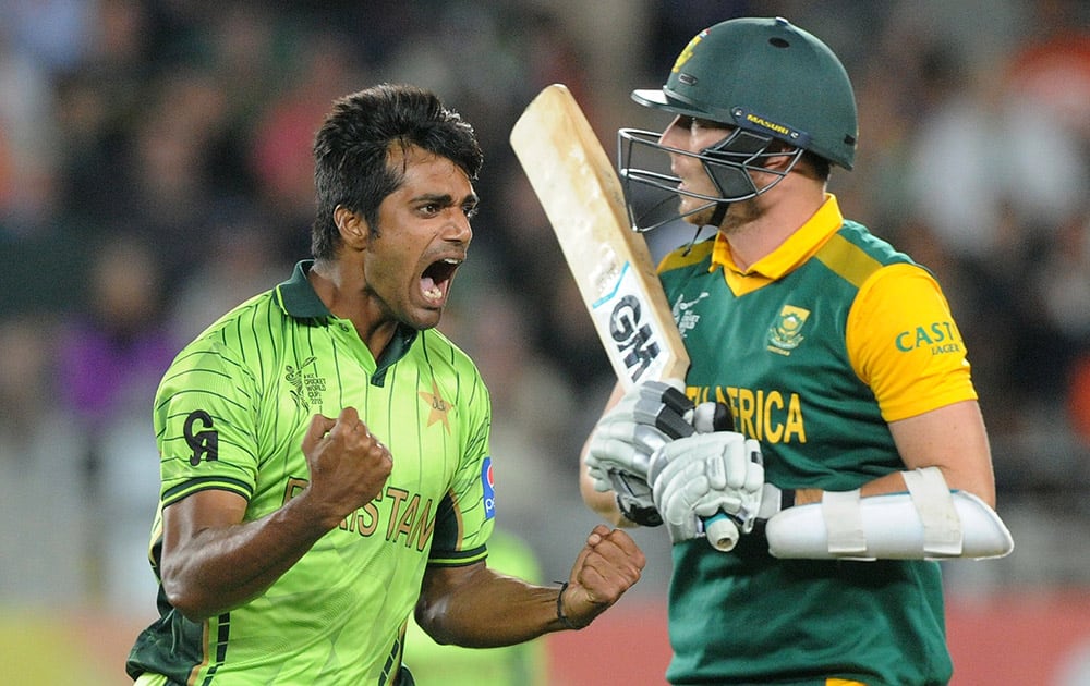 Pakistan bowler Rahat Ali celebrates after taking the wicket of South Africa's Kyle Abbott during their Cricket World Cup Pool B match in Auckland, New Zealand.