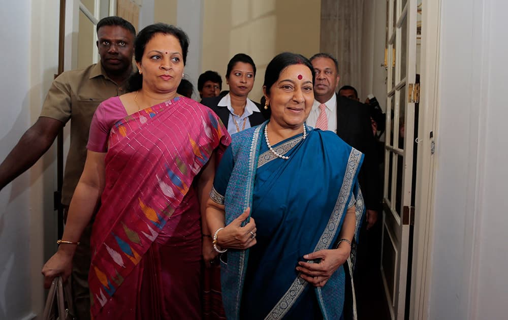 Indian Foreign Minister Sushma Swaraj arrives to attend a bilateral meeting with her Sri Lankan counterpart Mangla Samaraweera in Colombo, Sri Lanka.