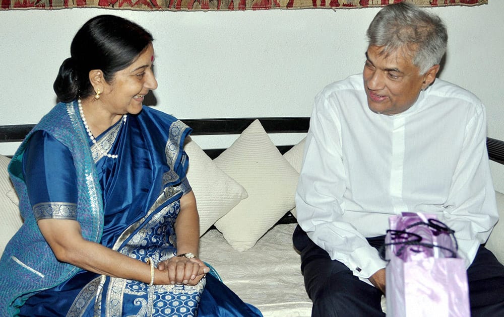 External Affairs Minister Sushma Swaraj meeting Sri Lankas PM Ranil Wickremesinghe in Colombo.