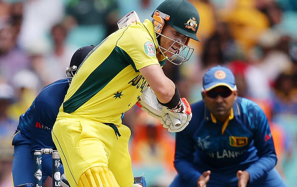 Australian batsman David Warner looks to play a shot during their Cricket World Cup Pool A match against Sri Lanka in Sydney, Australia.