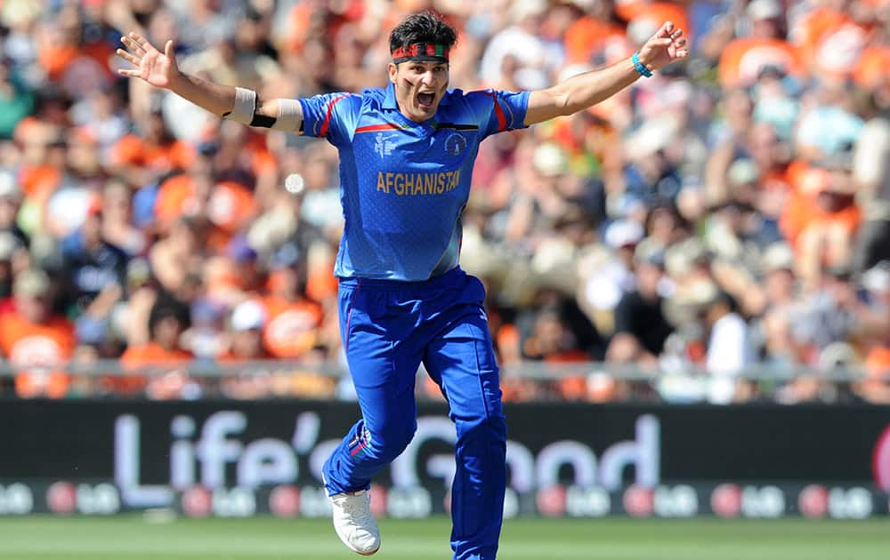 Afghanistan bowler Hamid Hassan appeals for a wicket while bowling against New Zealand during their Cricket World Cup Pool A match in Napier, New Zealand.