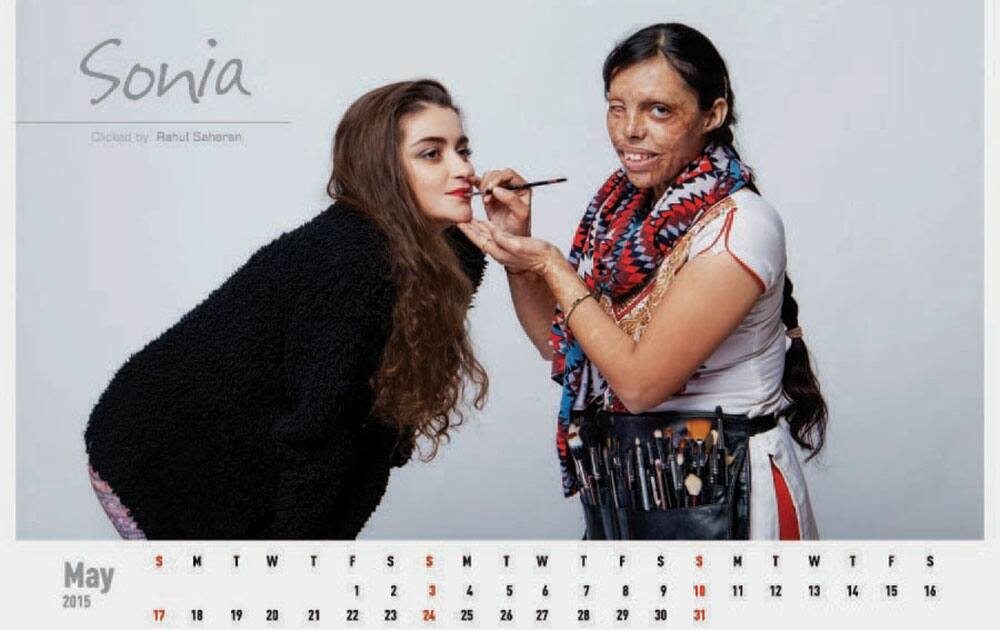 Acid attack survivor Sonia features in a calendar entitled Bello, portraying her dream to become a beautician. 