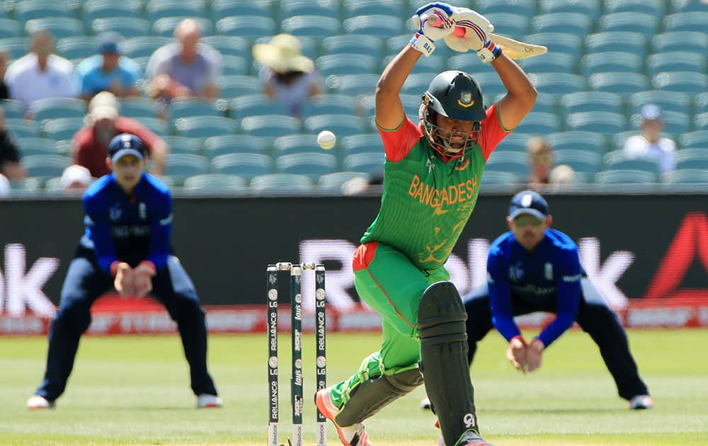 Bangladesh’s Soumya Sarkar let's a ball pass while batting against England during their Cricket World Cup Pool A match in Adelaide, Australia.