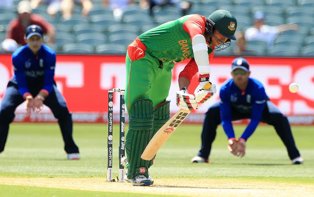 Bangladesh’s Soumya Sarkar plays at the ball while batting against England during their Cricket World Cup Pool A match in Adelaide, Australia.