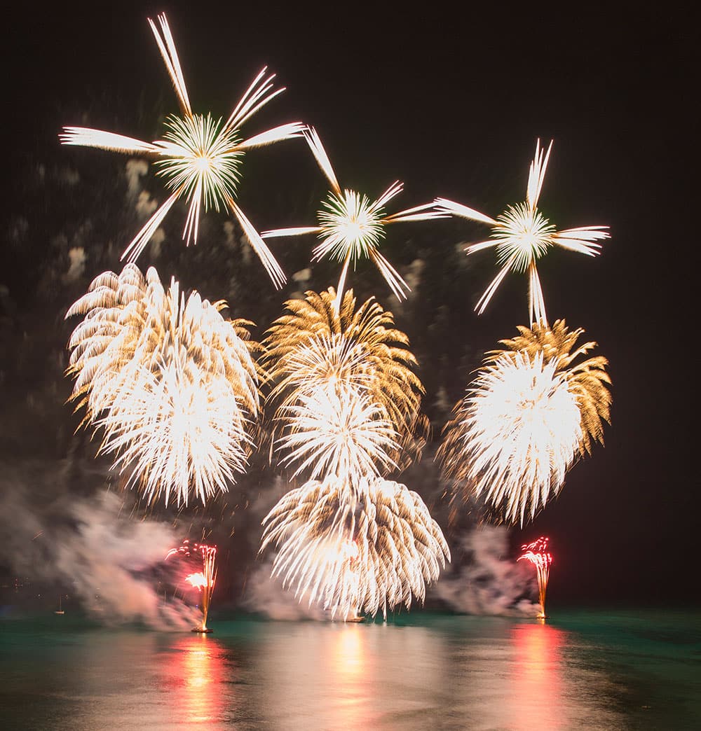 Fireworks from Nagaoka, Japan explode over Waikiki in Honolulu. The fireworks show is part of the Honolulu Festival, a Pacific Rim cross cultural event held over two days in Honolulu.