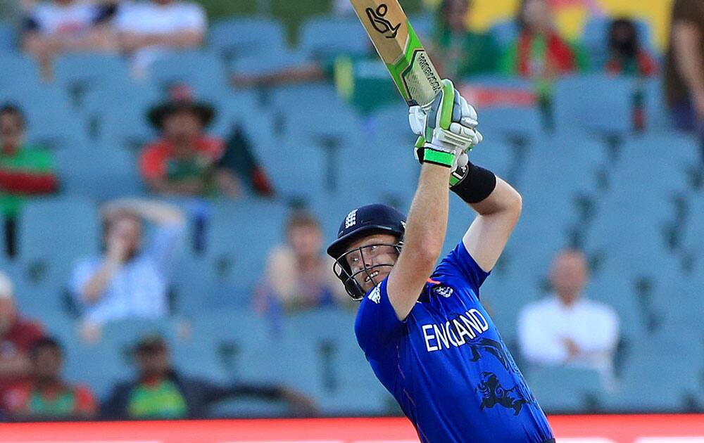 England's Ian Bell plays a shot while batting against Bangladesh during their Cricket World Cup Pool A match in Adelaide, Australia.