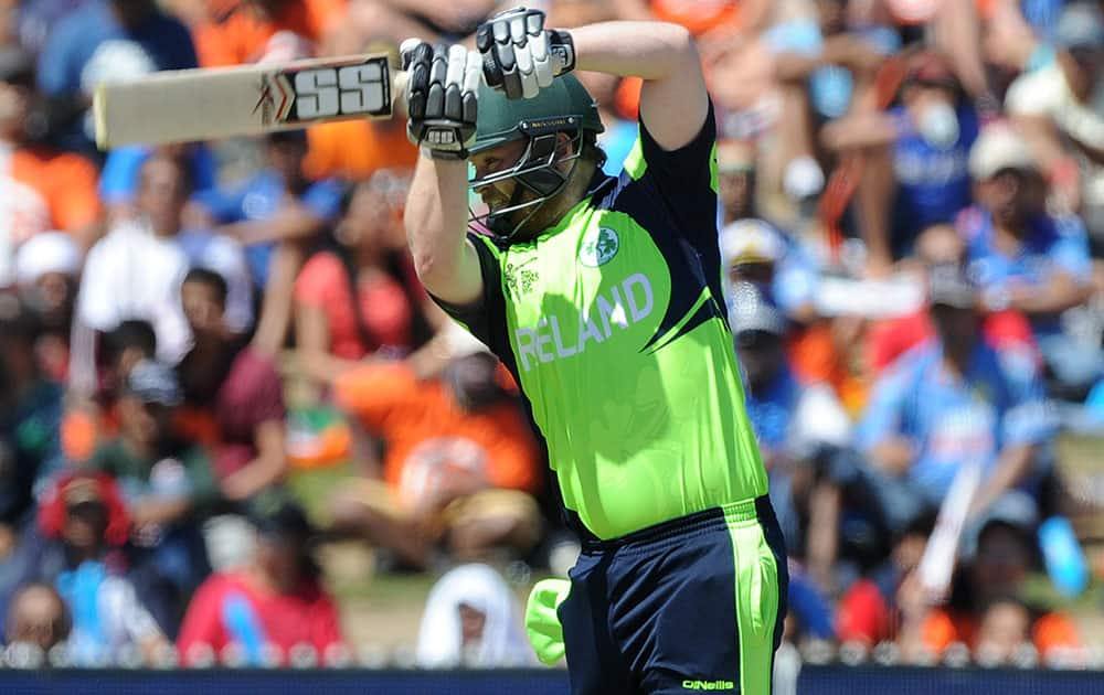 Ireland's Paul Stirling plays a shot while batting against India during their Cricket World Cup Pool B match in Hamilton, New Zealand.