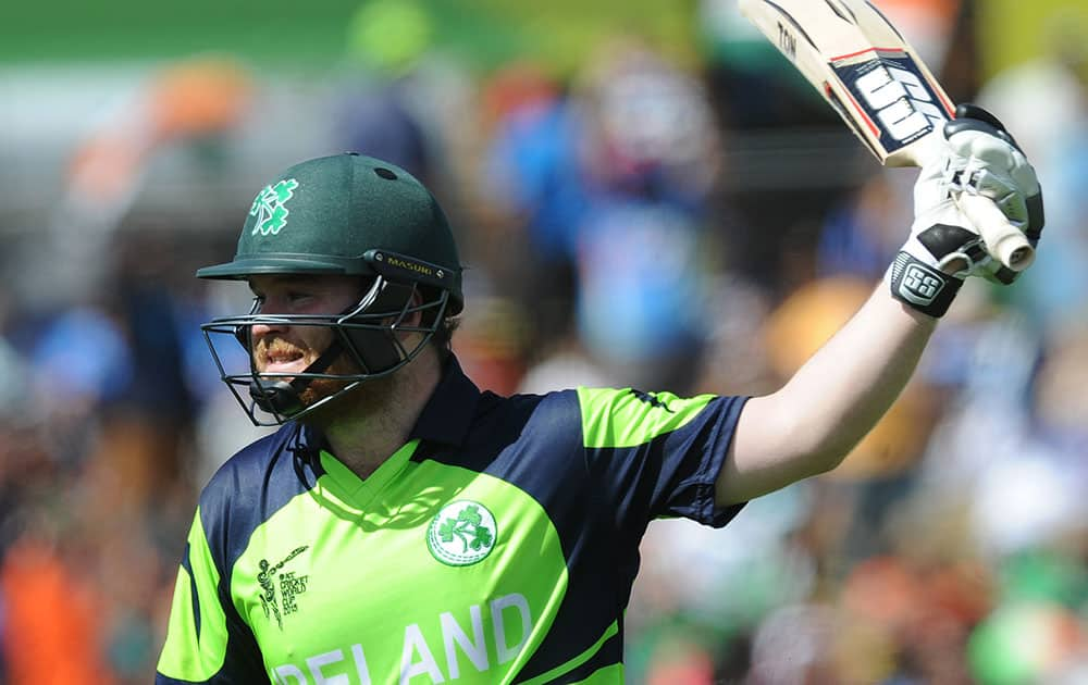 Ireland's Paul Stirling swings his bat in frustration after he was dismissed for 42 runs during their Cricket World Cup Pool B match against India in Hamilton, New Zealand.