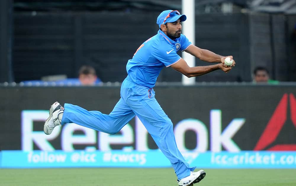 India's Mohammed Shami takes a catch to dismiss Ireland's Andrew Balbirnie during their Cricket World Cup Pool B match in Hamilton, New Zealand.