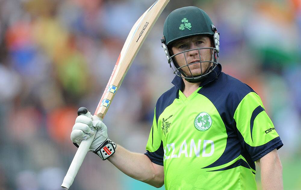 Ireland's Niall O'Brien leaves the field after he was dismissed for 75 runs during their Cricket World Cup Pool B match against India in Hamilton, New Zealand.