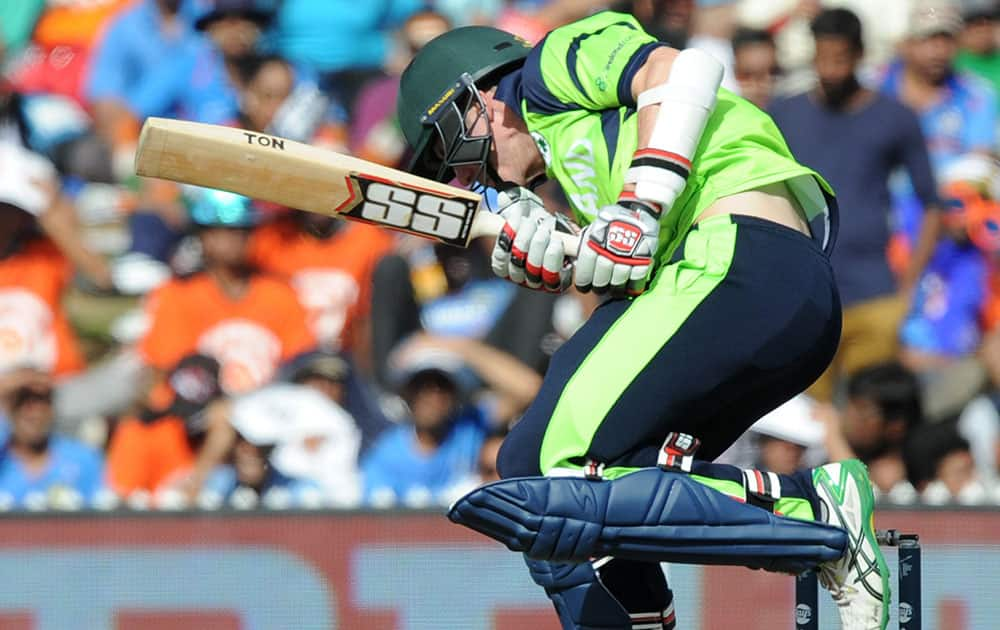 Ireland's George Dockrell avoid's a ball while batting against India during their Cricket World Cup Pool B match in Hamilton, New Zealand.