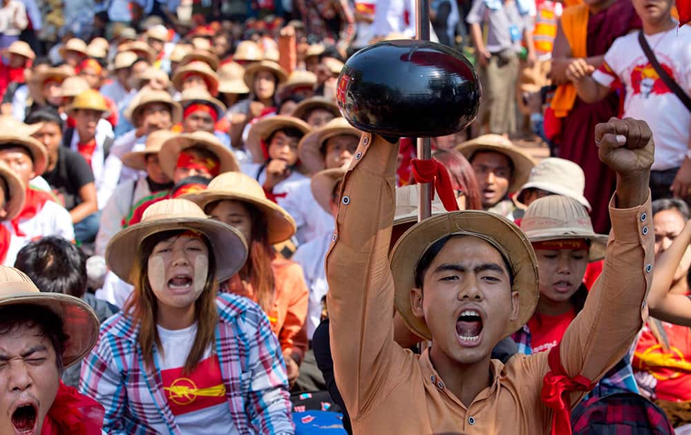 Student protesters shout slogans during a protest ahead of a crackdown in Letpadan, 140 kilometers (90 miles) north of Myanmar's main city of Yangon.