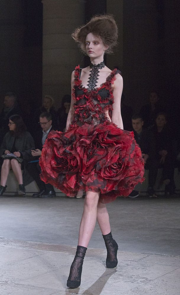 A model wears a creation as part of Alexander McQueen's ready-to-wear fall-winter 2015-2016 fashion collection presented during the Paris fashion week.