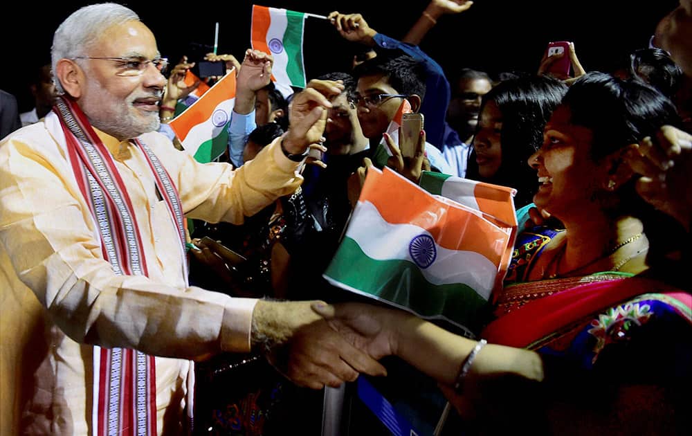 Prime Minister Narendra Modi meets people of Indian community upon his arrival at Mahe in Seychelles.