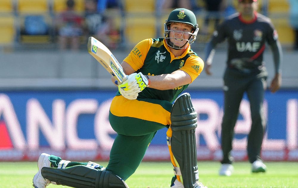 South Africa's David Miller plays a shot while batting against the United Arab Emirates during their Cricket World Cup Pool B match in Wellington, New Zealand.