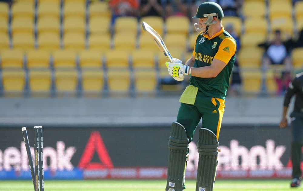 South Africa's David Miller looks back at his stumps after he was bowled by United Arab Emirates bowler Muhammad Naveed for 49 runs during their Cricket World Cup Pool B match in Wellington, New Zealand.