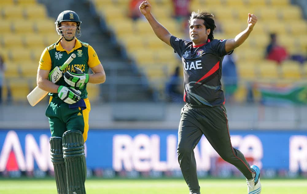 South African batsman A.B de Villiers, left, walks as United Arab Emirates bowler Kamran Shahzad celebrates after he was out caught for 99 runs during their Cricket World Cup Pool B match in Wellington, New Zealand.