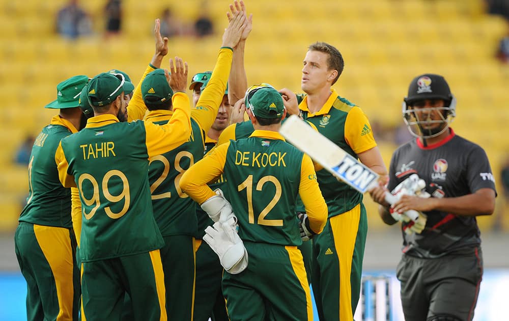 South Africa's Morne Morkel is congratulated by teammates after taking the wicket of United Arab Emirates batsman Andri Raffaelo during their Cricket World Cup Pool B match in Wellington, New Zealand.