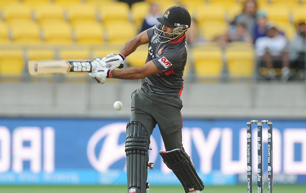 United Arab Emirates batsman Amjad Ali plays a shot during their Cricket World Cup Pool B match against South Africa in Wellington, New Zealand.