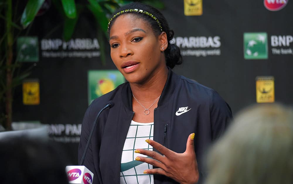 Serena Williams takes part in an interview at the BNP Paribas Open tennis tournament.