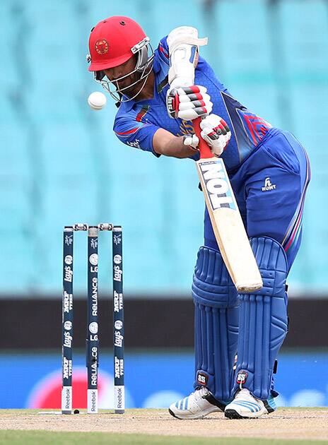 Afghanistan’s Nawroz Mangal bats during their Cricket World Cup pool A match against England in Sydney.