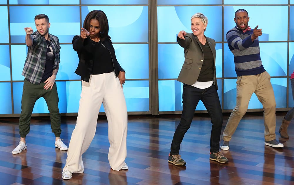 Michelle Obama's as she takes part in Obama's #GimmeFive Challenge in honor of the 5th Anniversary of 'Let's Move!' Initiative, during a taping of 'The Ellen DeGeneres Show' , at the Warner Bros. lot in Burbank, Calif. 