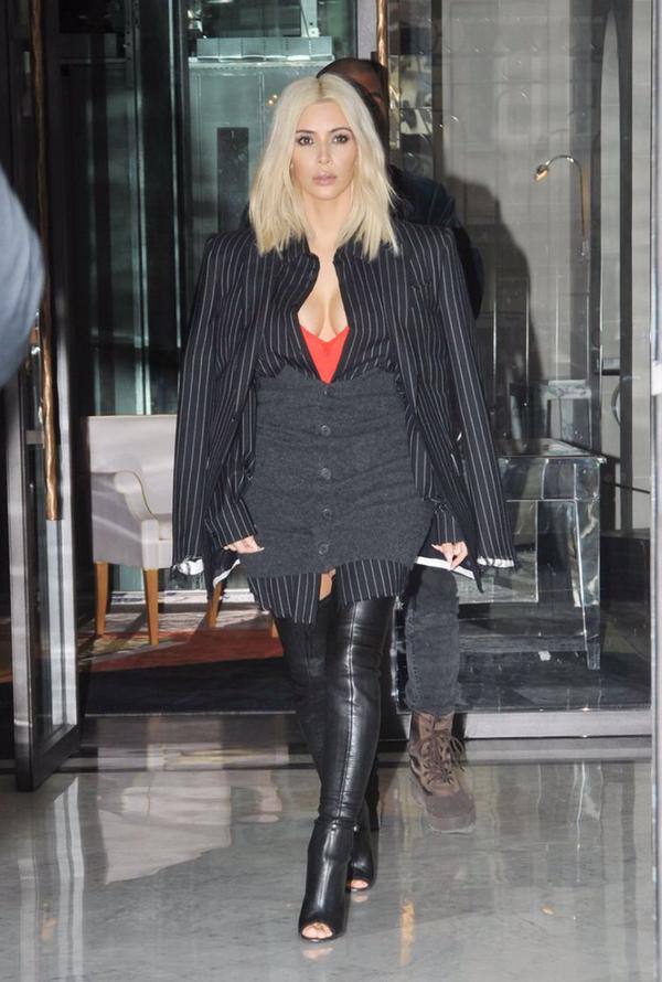 I love this all Givenchy look! Men's shirt and blazer with a skirt & bodysuit and my new favorite boots! - Twitter@KimKardashian