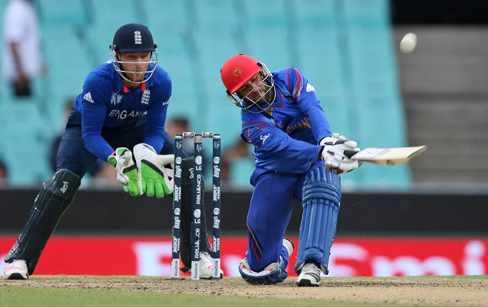 Afghanistan's Shafiqullah plays the shot that resulted in his dismissal during their Cricket World Cup pool A match against England in Sydney.