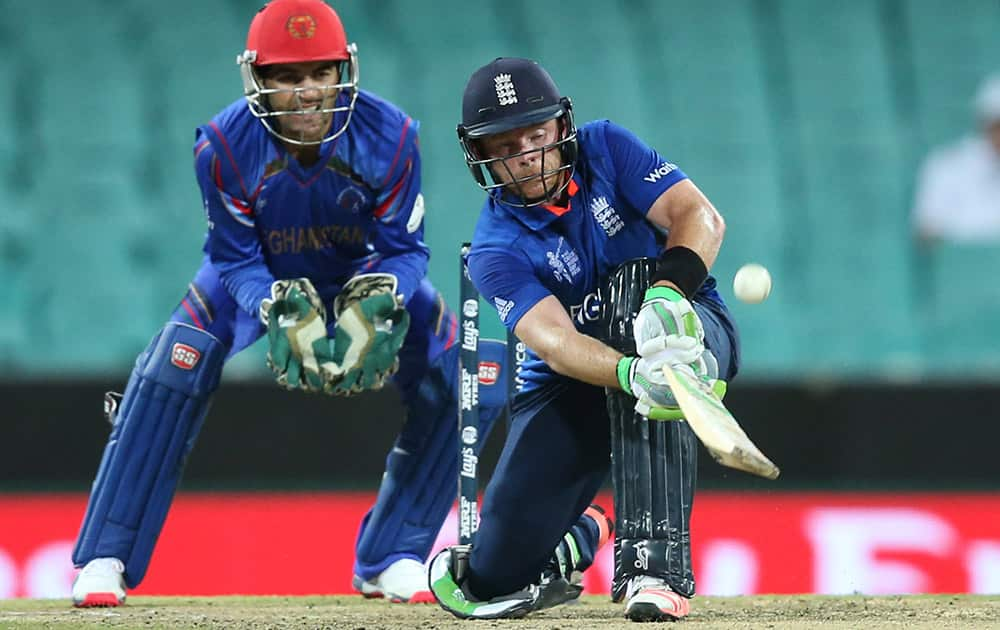 England's Ian Bell plays a shot during their Cricket World Cup pool A match against Afghanistan in Sydney, Australia.