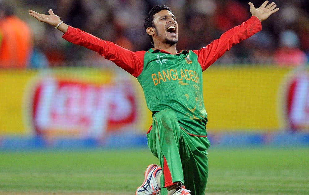 Bangladesh bowler Nasir Hossain celebrates after taking the wicket of New Zealand’s Ross Taylor during their Cricket World Cup Pool A match in Hamilton, New Zealand.