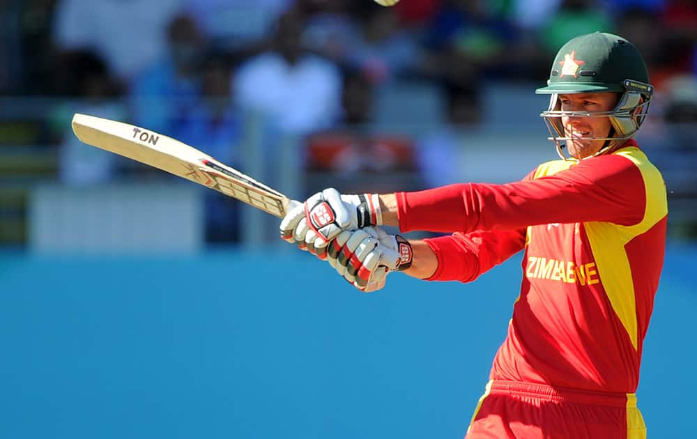 Zimbabwe's Craig Ervine plays a pulls shot while batting against India during their Cricket World Cup Pool B match in Auckland, New Zealand.